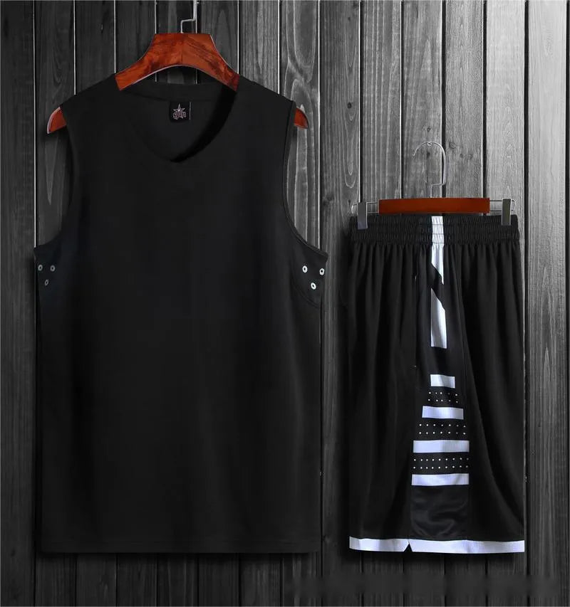 Chemical fibre blend basketball training vest and pants set in black or white colours with extended size range