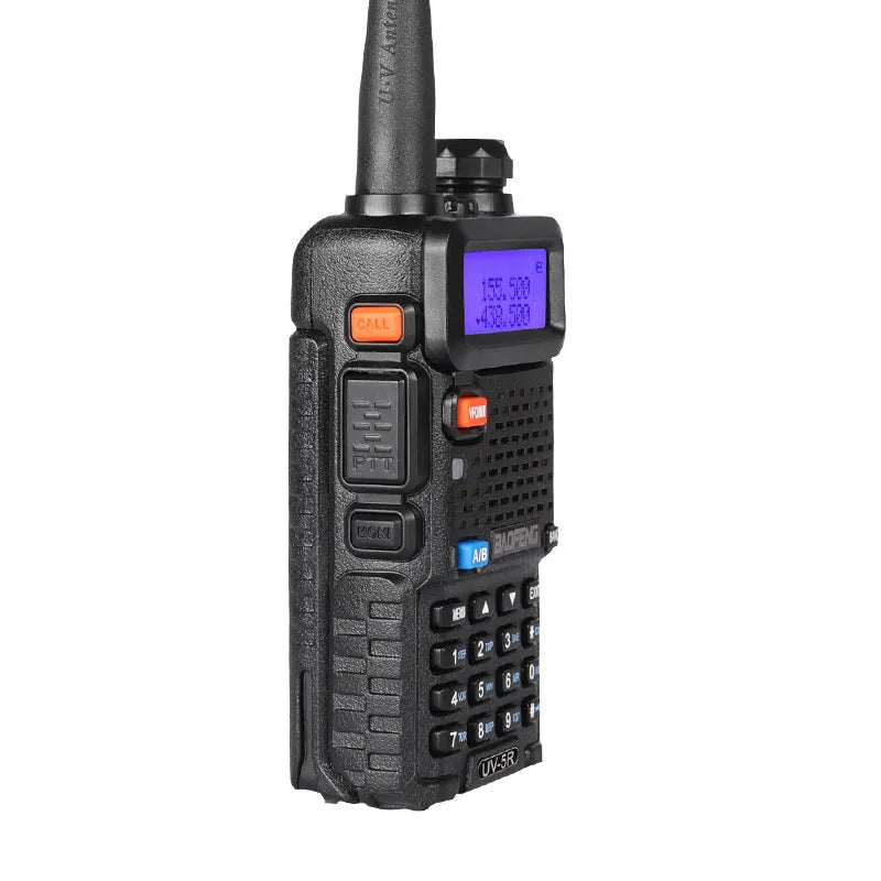 Black handheld VHF UHF walkie talkie with antenna, showing compact 110x58x32mm dimensions.