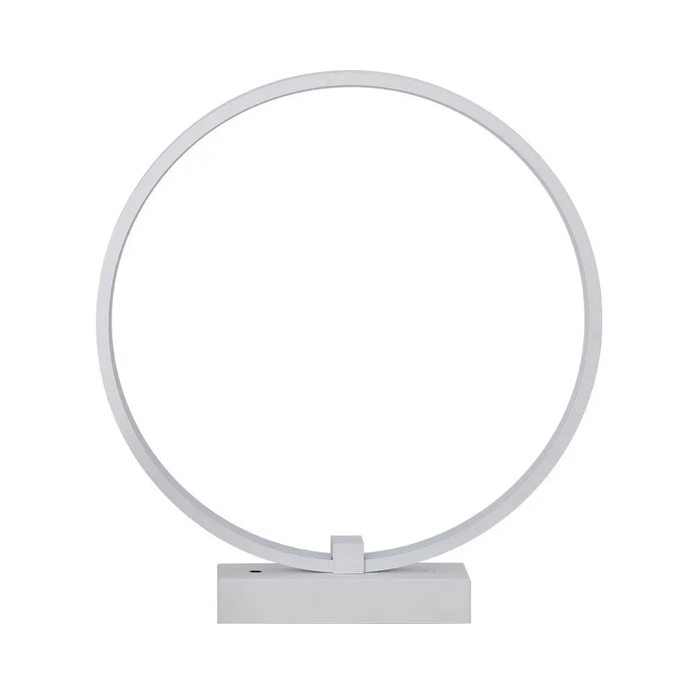 25cm round white LED bedside lamp with acrylic frame and iron base, shown in warm white or cool white