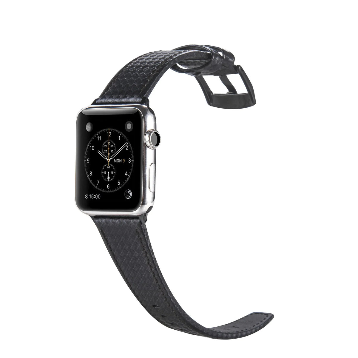 Apple Watch compatible leather strap with carbon fibre pattern case in multiple colours