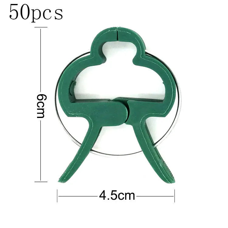 Green plastic and zinc plant fixing clips for supporting climbing tomatoes and beans