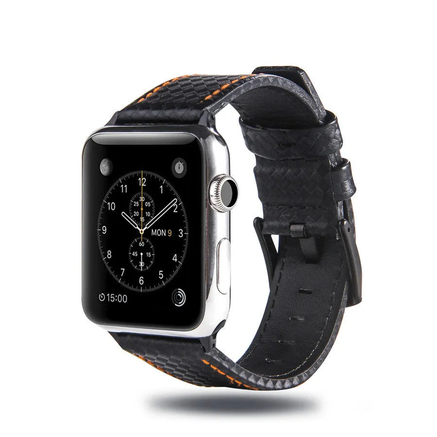 Apple Watch compatible leather strap with carbon fibre pattern case in multiple colours