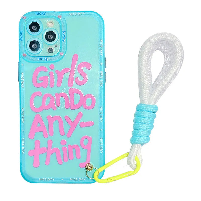 Mint green graffiti personalised iPhone case with painted animal design and attached black lanyard.