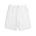 Men's solid colour denim shorts with straight legs and a mid waist, shown in light blue.