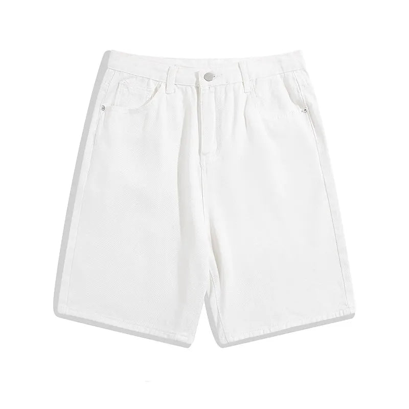 Men's solid colour denim shorts with straight legs and a mid waist, shown in light blue.