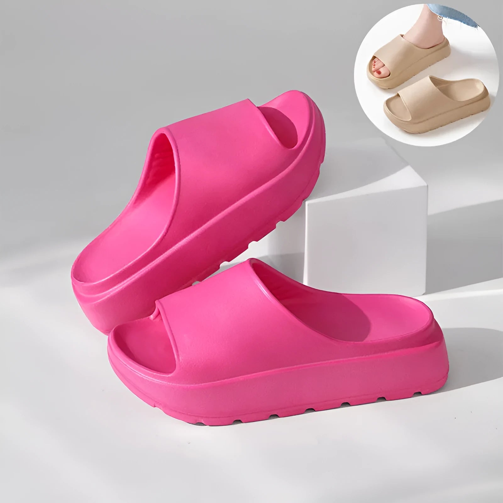 Women's beige fish mouth design EVA foam slippers with a thick 5.5cm sole.