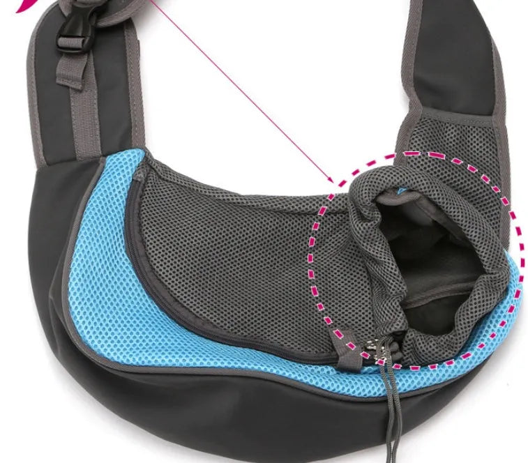 Polyester pet backpack carrier for a small dog or cat, shown in blue colour.