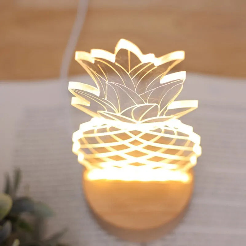 Wood and acrylic pineapple-shaped bedside table lamp with a dimmer switch and USB cable.