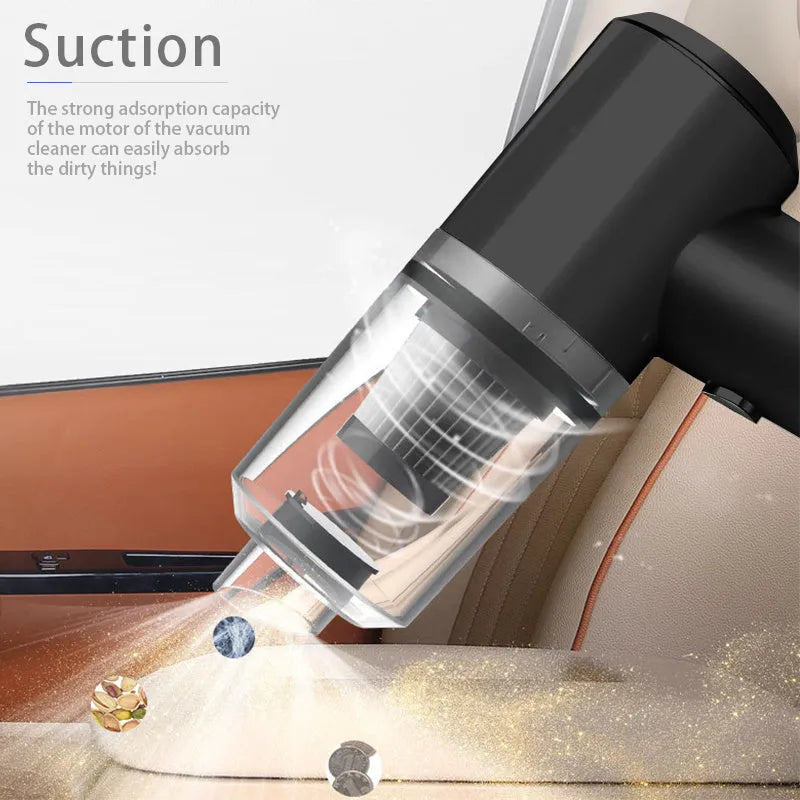 Black and white wireless car vacuum cleaner with nozzle and washable filter cup on a car seat