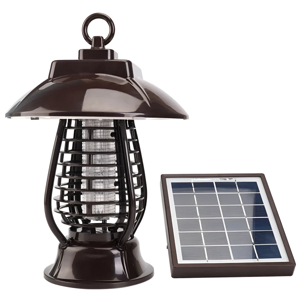 White solar mosquito lamp with purple switch, solar panel top, and LED insect attraction beads for garden outdoor use