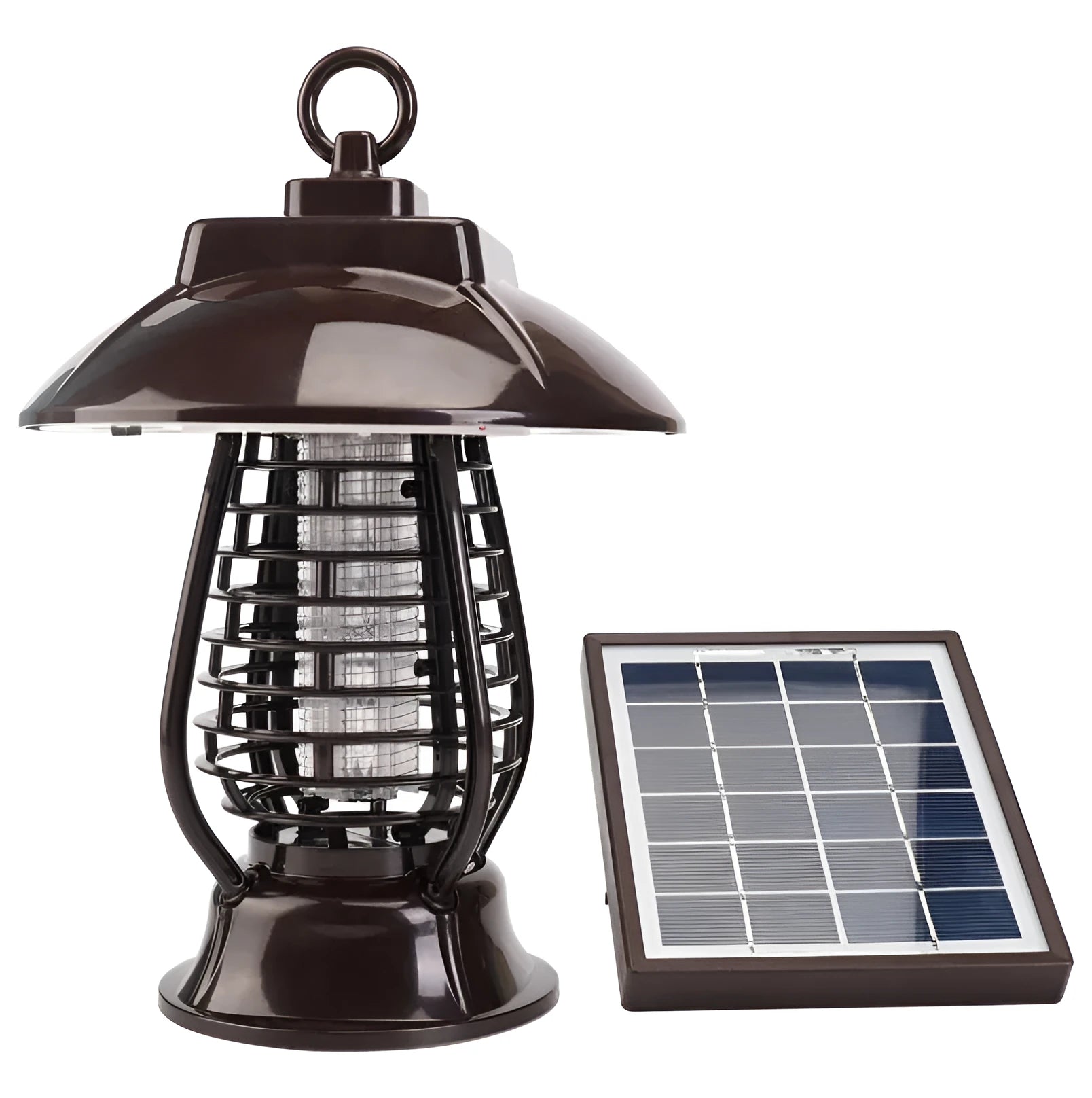 White solar mosquito lamp with purple switch, solar panel top, and LED insect attraction beads for garden outdoor use