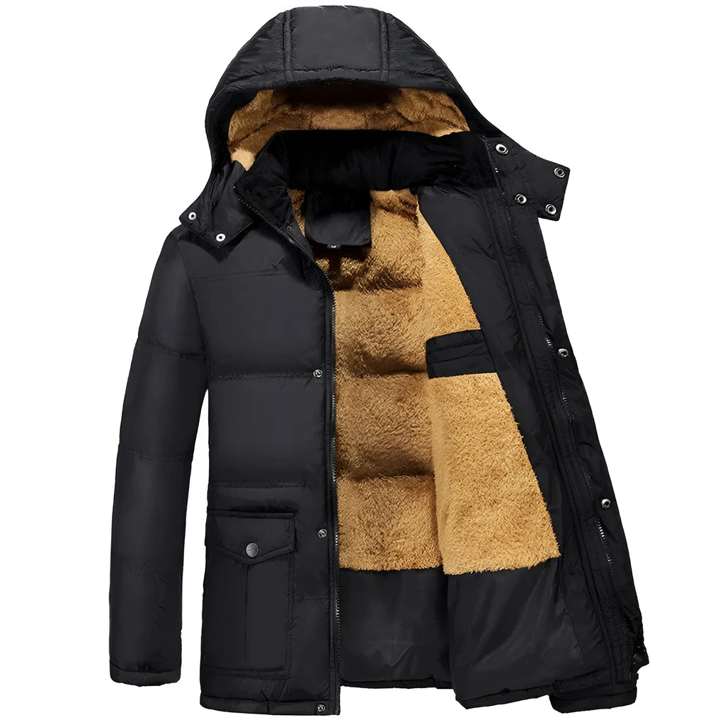Men's black hooded winter jacket with a double-breasted front and velvet lining.