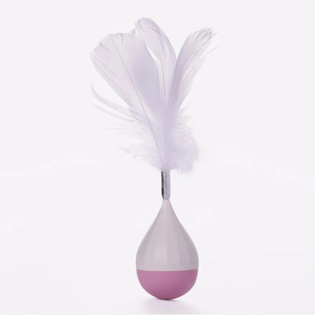 Green and pink feather tumbler cat toy with ABS plastic ball and goose feather attachment