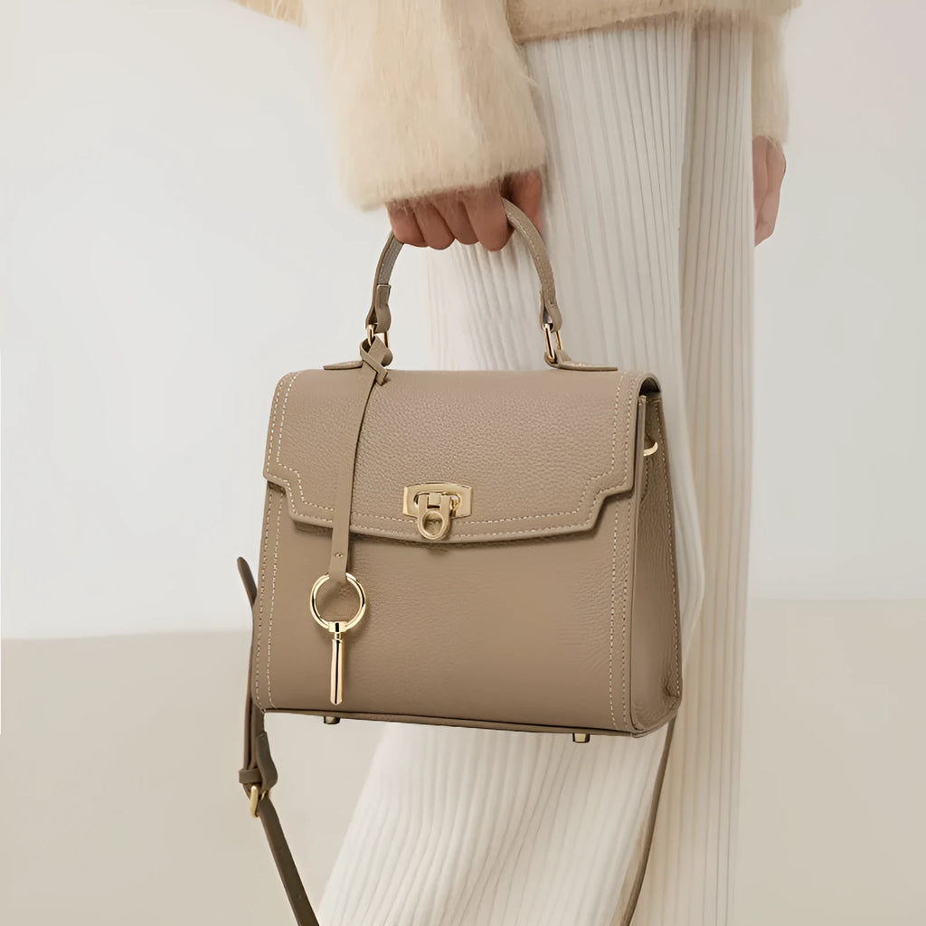 Elephant grey genuine leather crossbody bag with vintage lock and litchi pattern texture