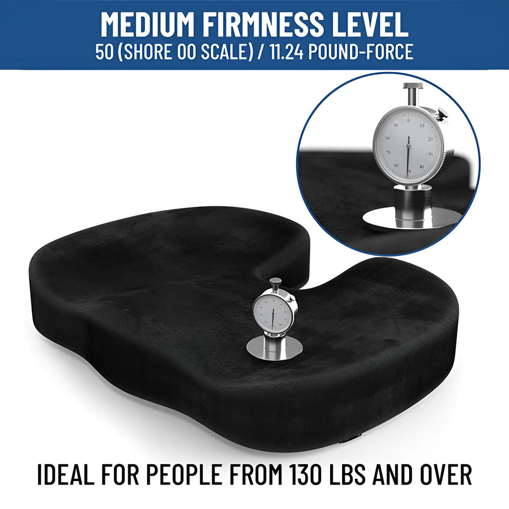 Black flannel U-shaped memory foam seat cushion for office chairs, showing contoured design.