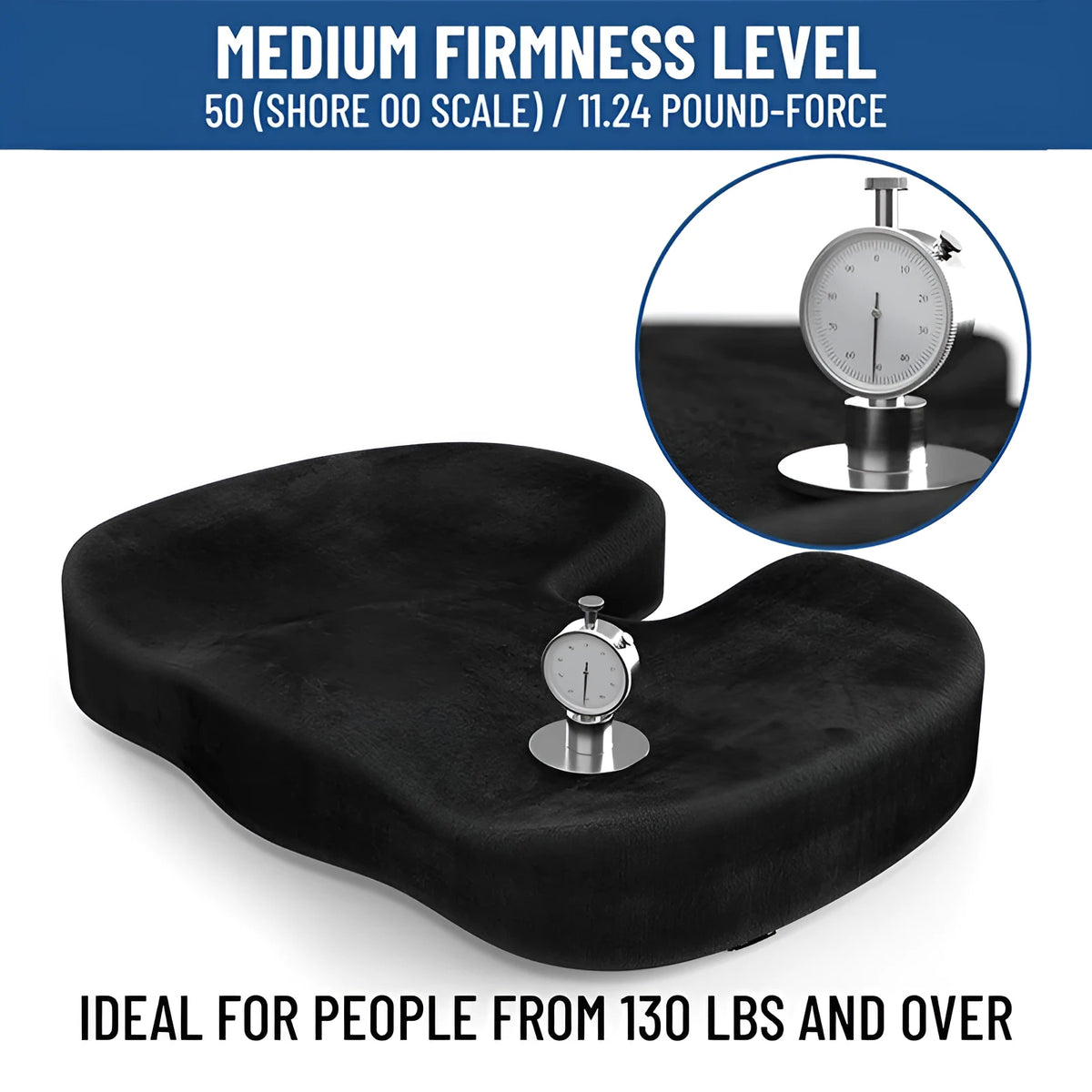 Black flannel U-shaped memory foam seat cushion for office chairs, showing contoured design.