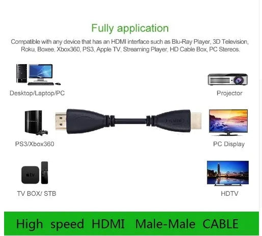 Gold-plated HDMI cable with male connectors at both ends, showing multiple length options
