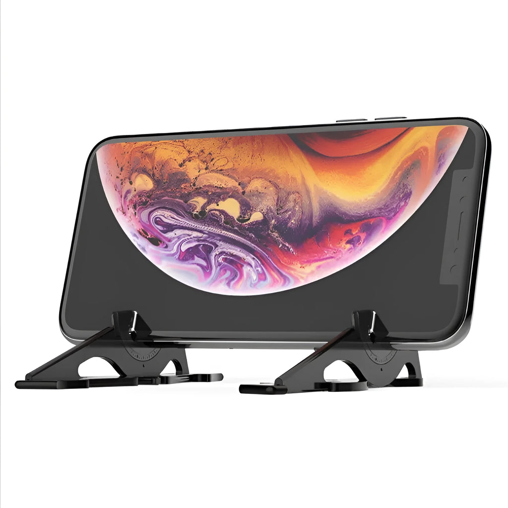 Plastic card style mobile phone desk holder shown in multiple colour options.