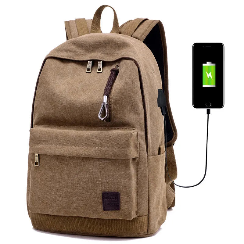Canvas USB charging backpack in khaki colour showing front compartment and USB port.