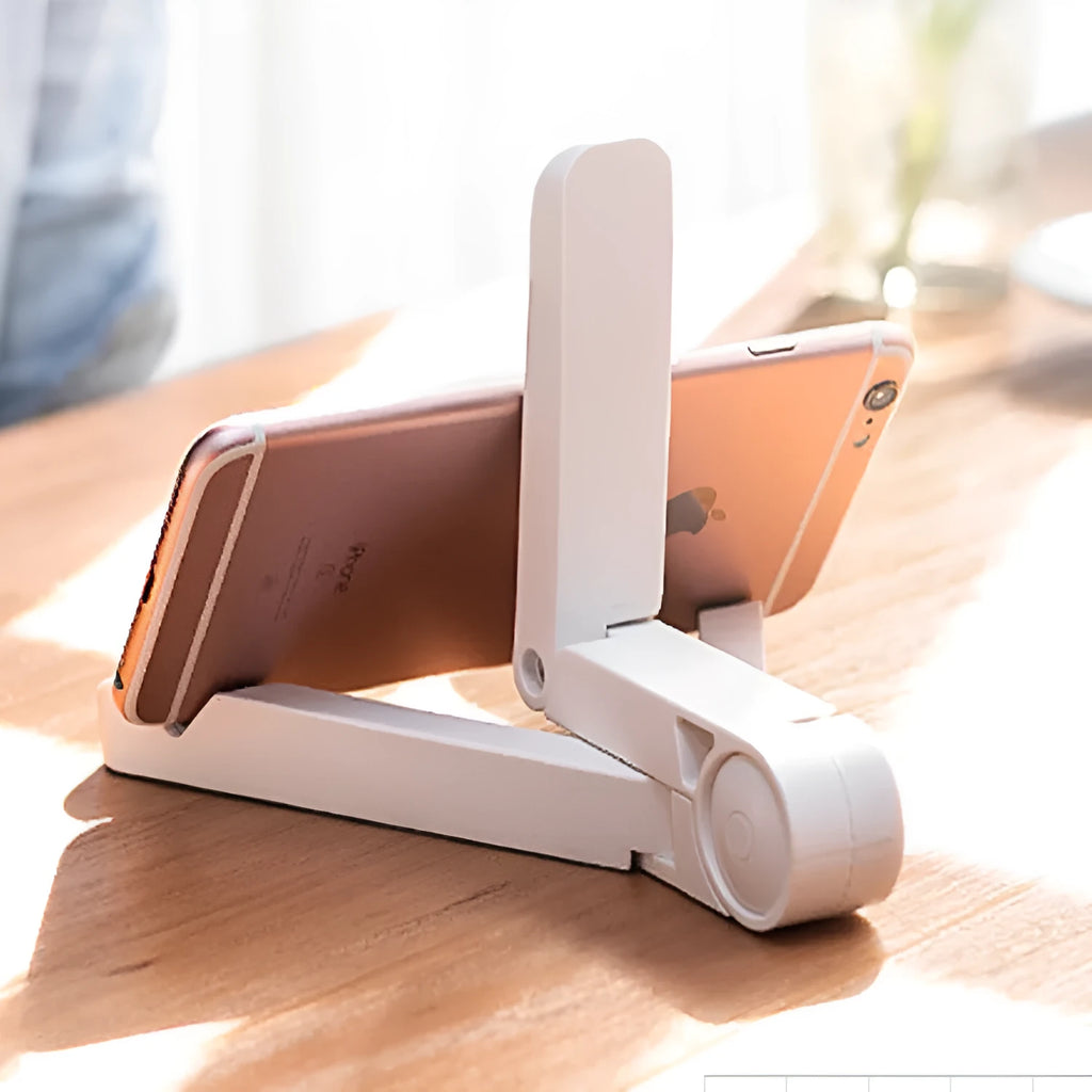 Black foldable aluminium tablet holder showing adjustable angles and flat-folded profile