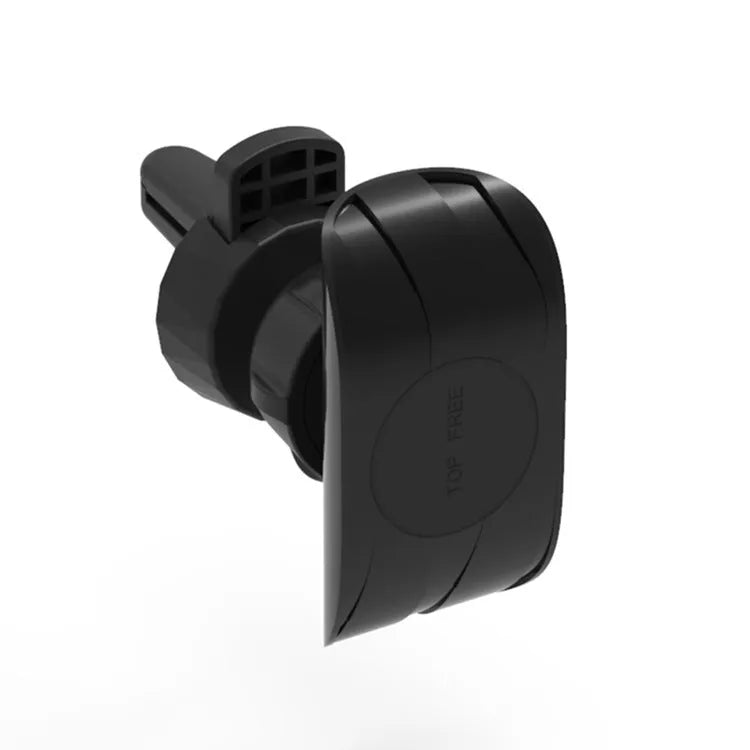 Black car phone holder mounted on car air vent with phone in adjustable clamp