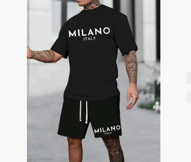 Men's European style short sleeve polyester suit set with matching shorts in multiple colours