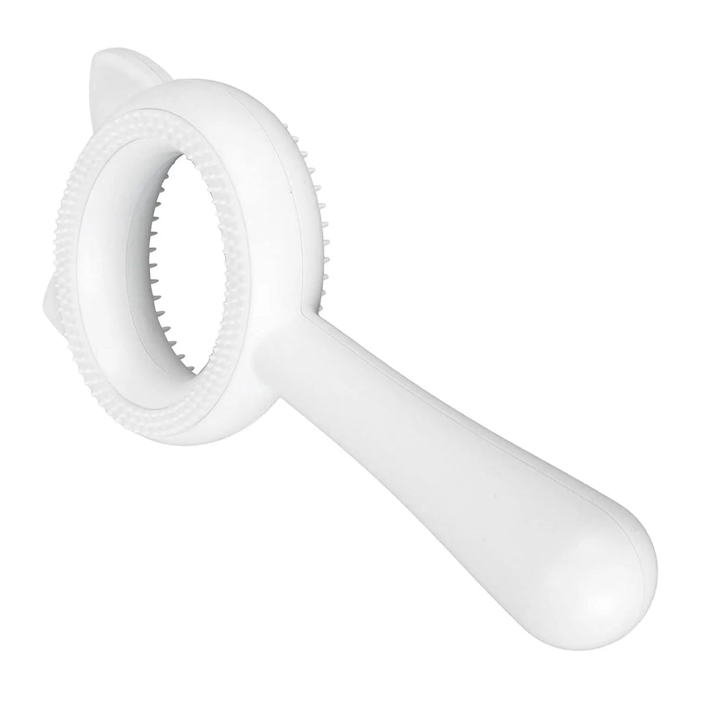 Blue and white dual-sided pet grooming brush with comfortable handle for cats and dogs
