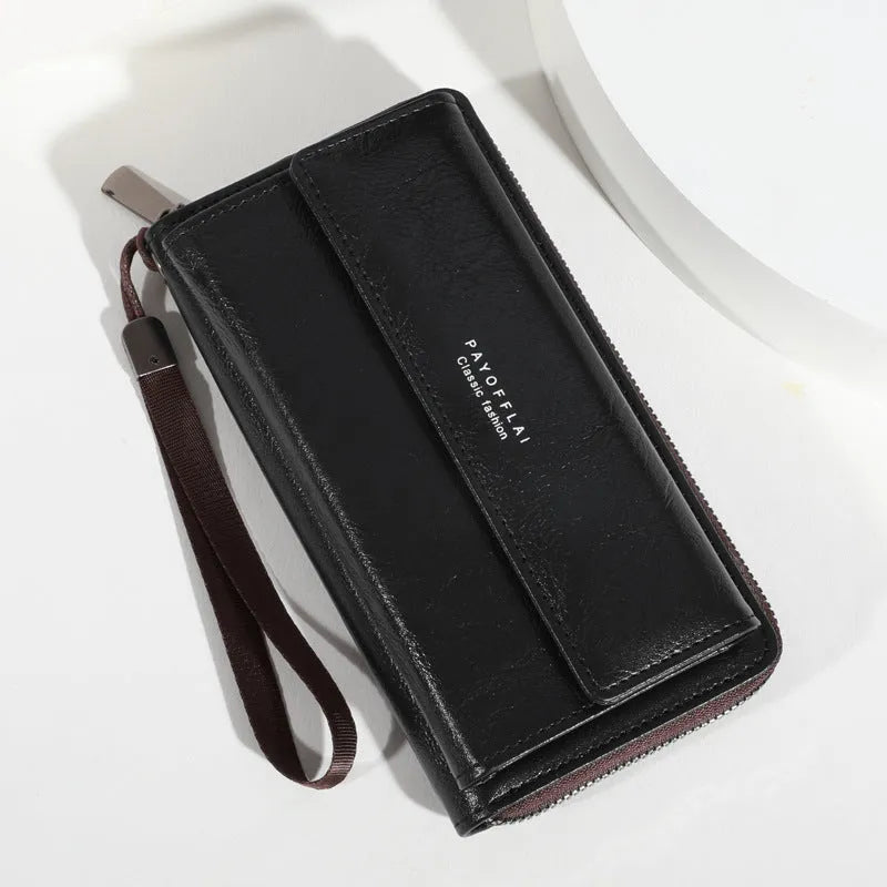 Men's black PU leather long wallet with multiple card slots showing dimensions