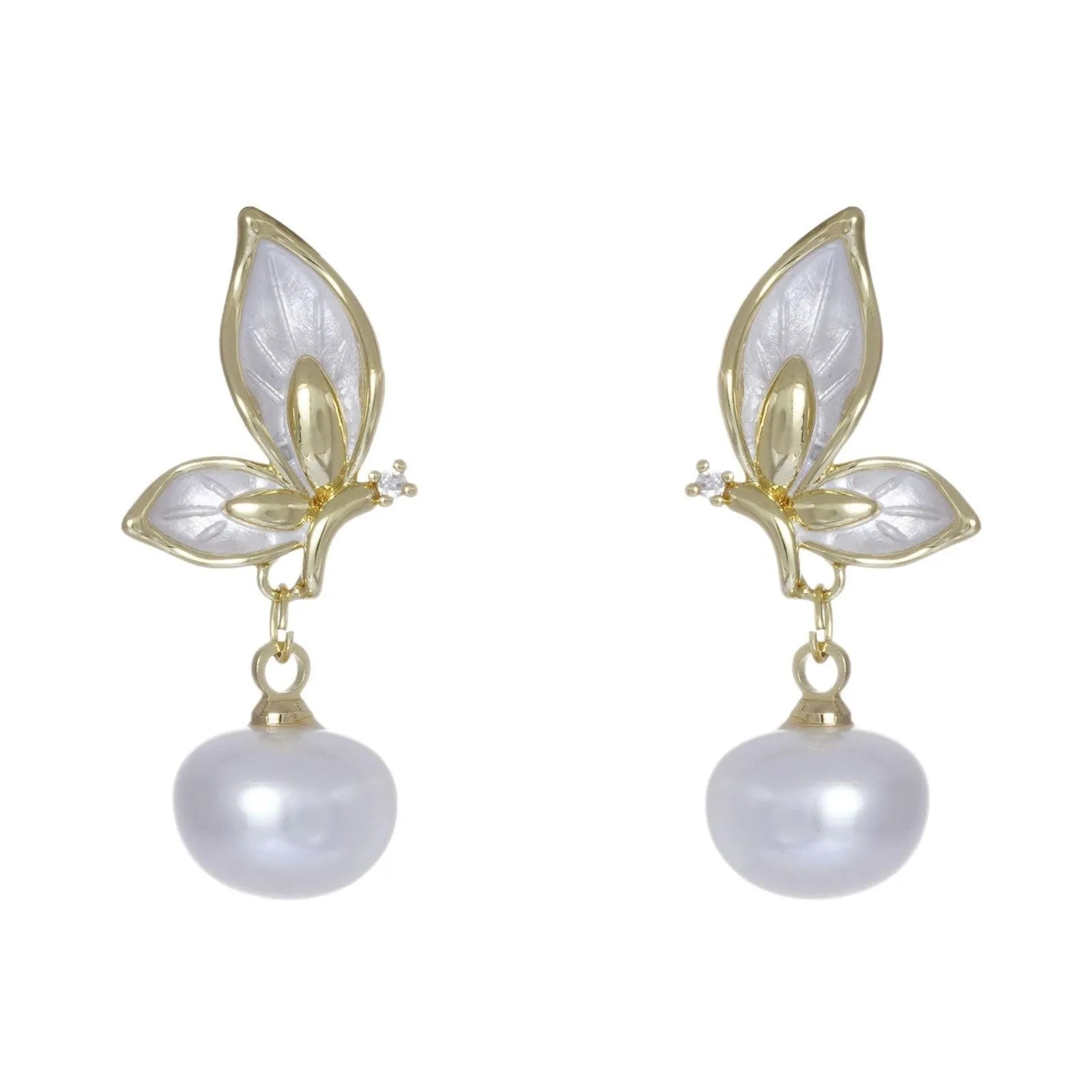 Copper butterfly earrings with zircon painting detail and electroplated metallic finish