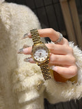 Women's rose shell dial watch with 7mm slim case, shown with leather or steel strap options
