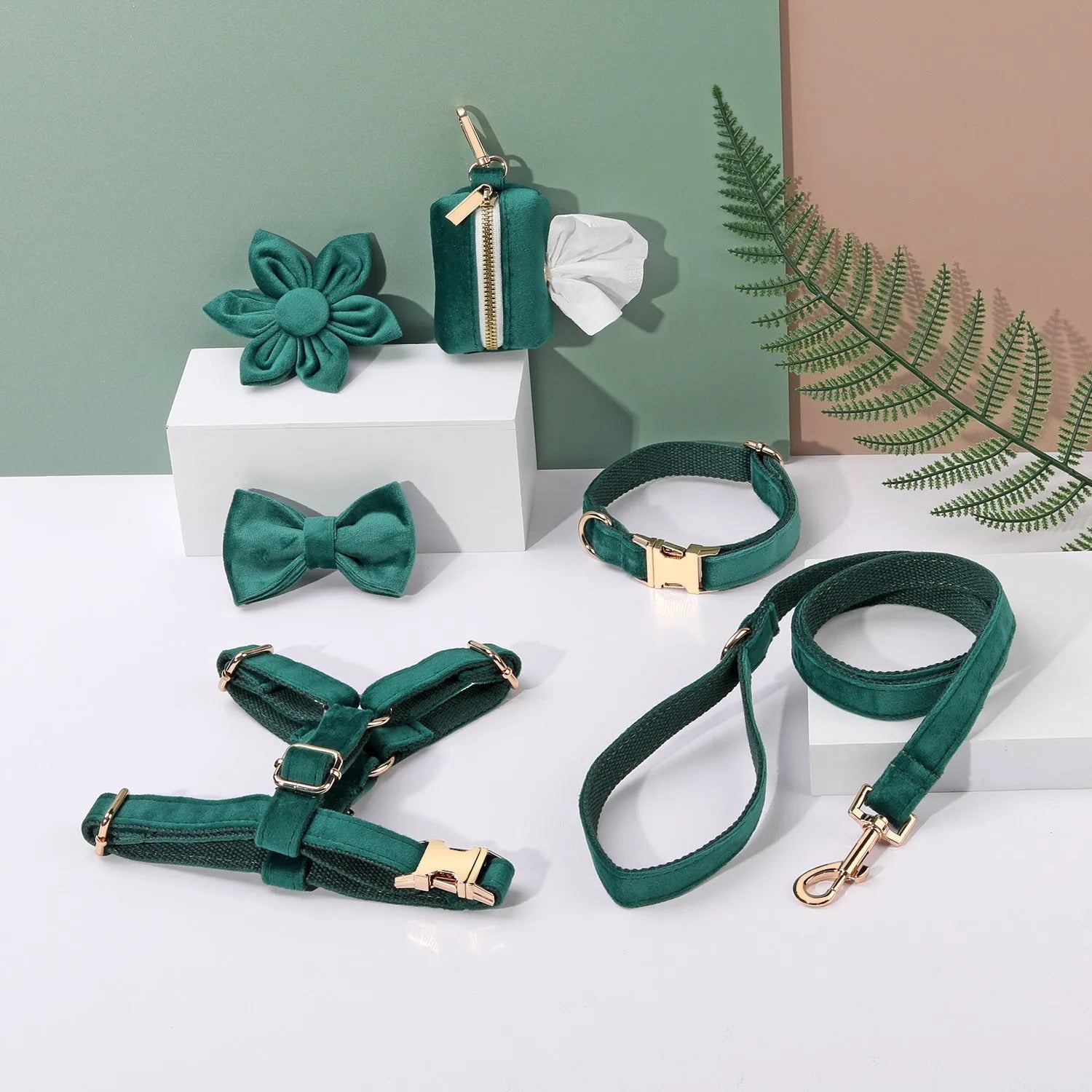 Classic soft velvet dog collar and matching traction rope set with chest strap, bow tie, and accessories in multiple colour options