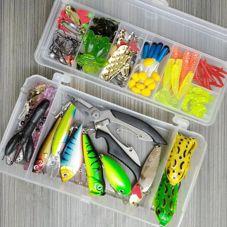 142-piece fishing lure kit with hard minnow lures, sequin lures, hooks, and metal pliers
