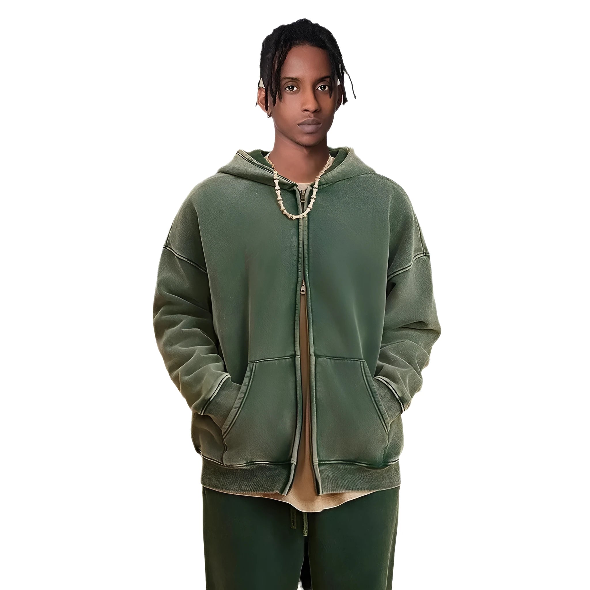 Man wearing a dark green hooded zip-up cardigan with a fleece lining and long sleeves.
