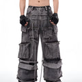 Grey distressed cotton denim men's overalls with rope stitching on the legs.