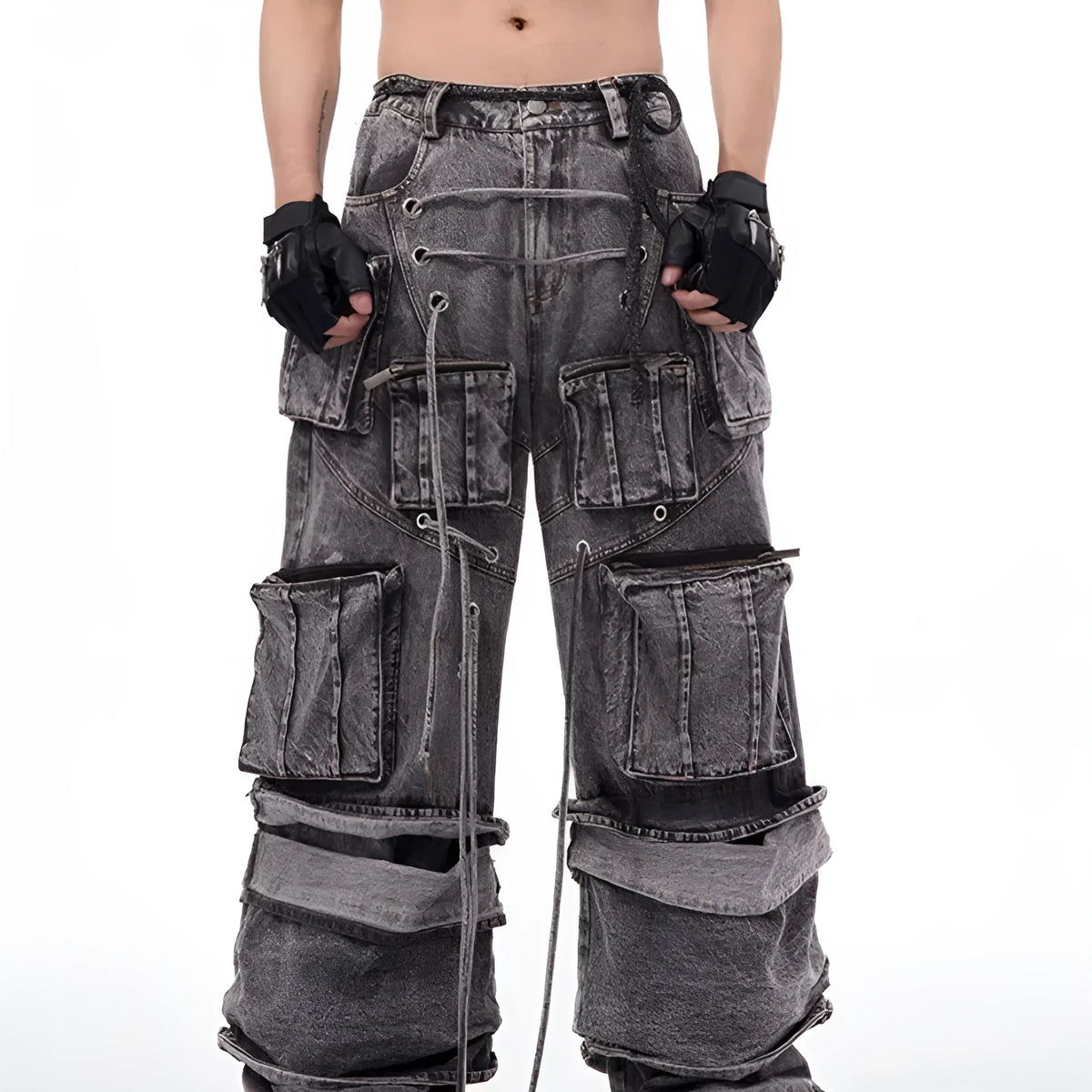 Grey distressed cotton denim men's overalls with rope stitching on the legs.