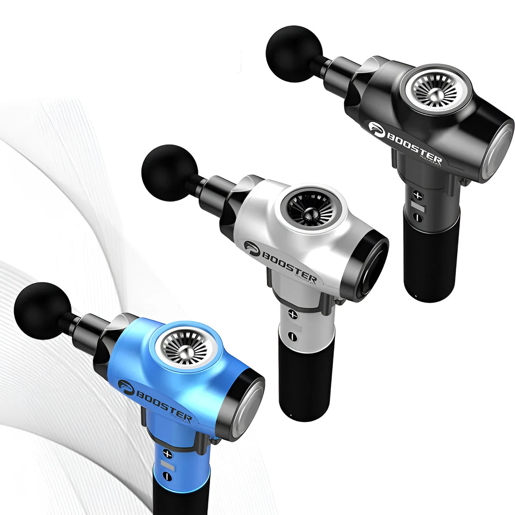 Black and white percussion muscle massager with adjustable speed control and 12mm stroke depth