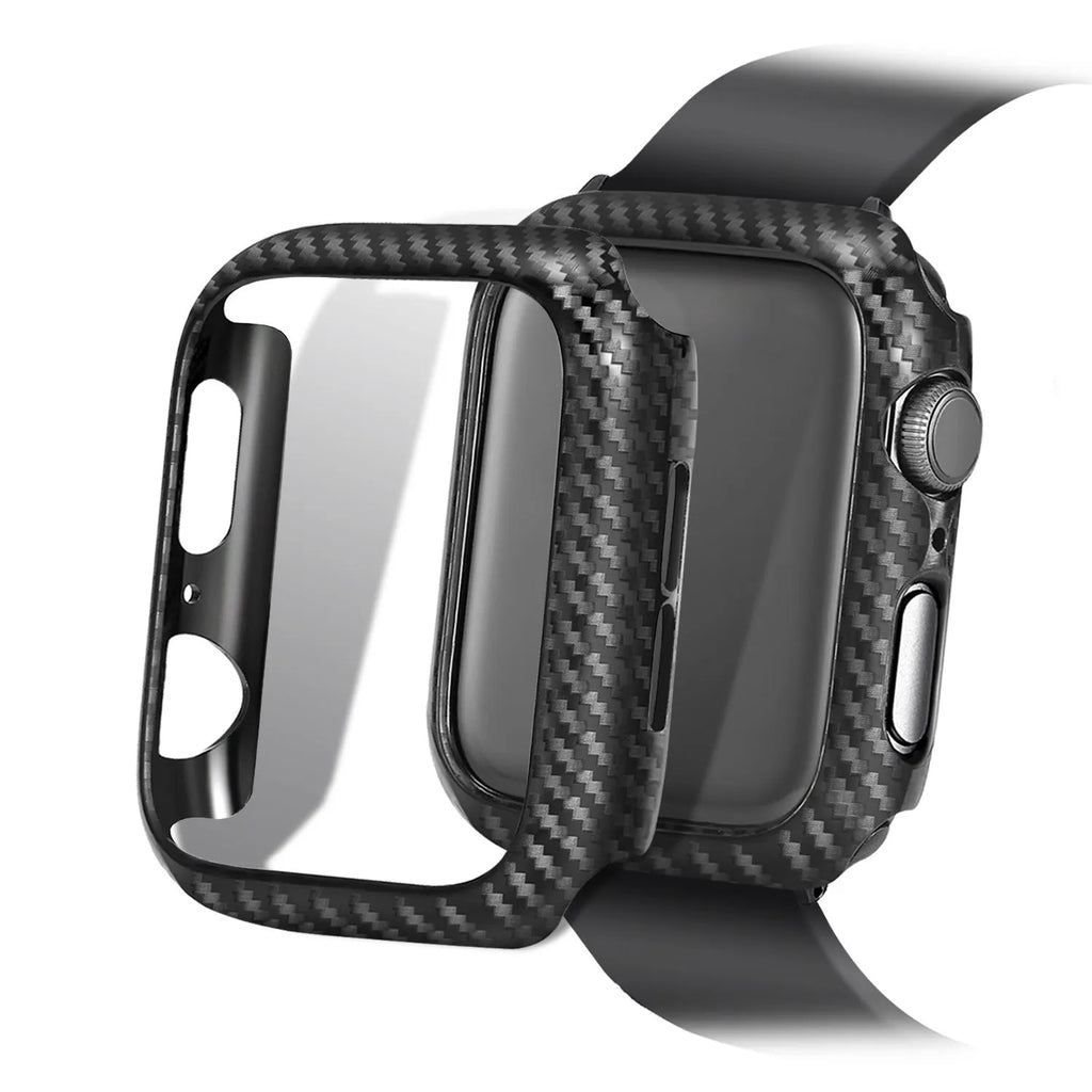 Apple Watch compatible leather strap with carbon fibre pattern case in multiple colours
