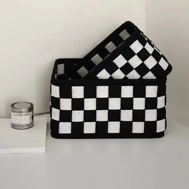 Checkerboard pattern felt folding storage basket showing 37x29x19.5cm dimensions