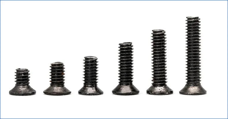 Black-plated laptop machine screws with flat countersunk head and cross-drive groove.