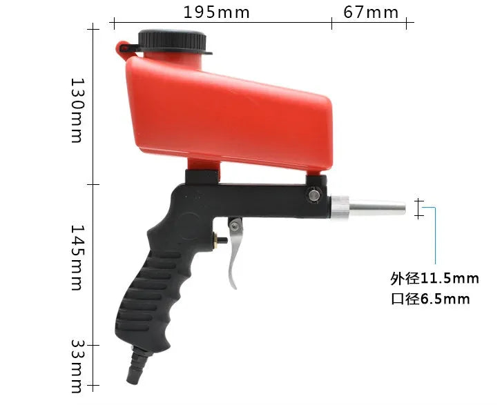 Pneumatic sandblasting gun with a large top-mounted tank, shown in black or blue.
