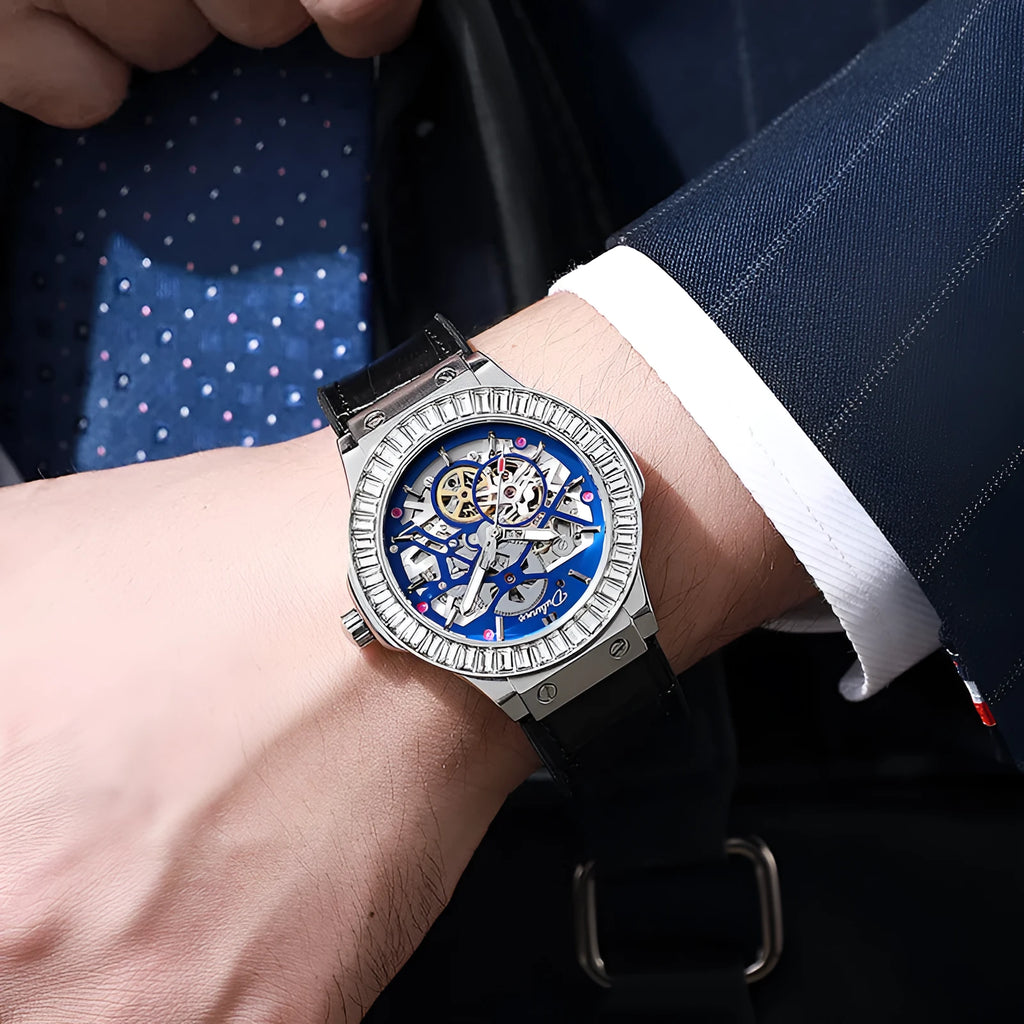 Men's mechanical watch with hollow movement, diamond studs, and white shell dial in 16mm thickness
