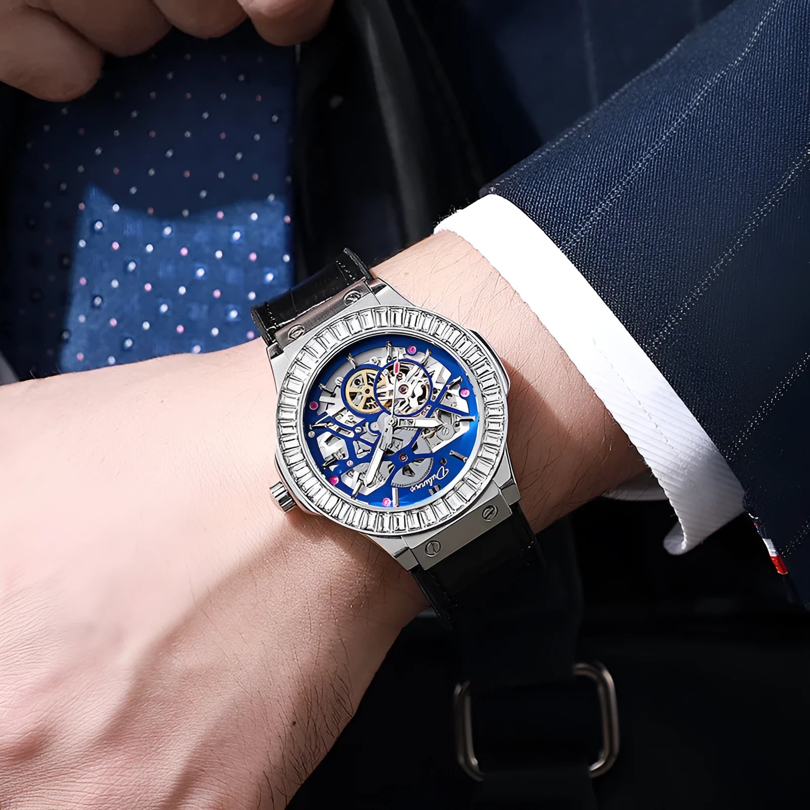 Men's mechanical watch with hollow movement, diamond studs, and white shell dial in 16mm thickness