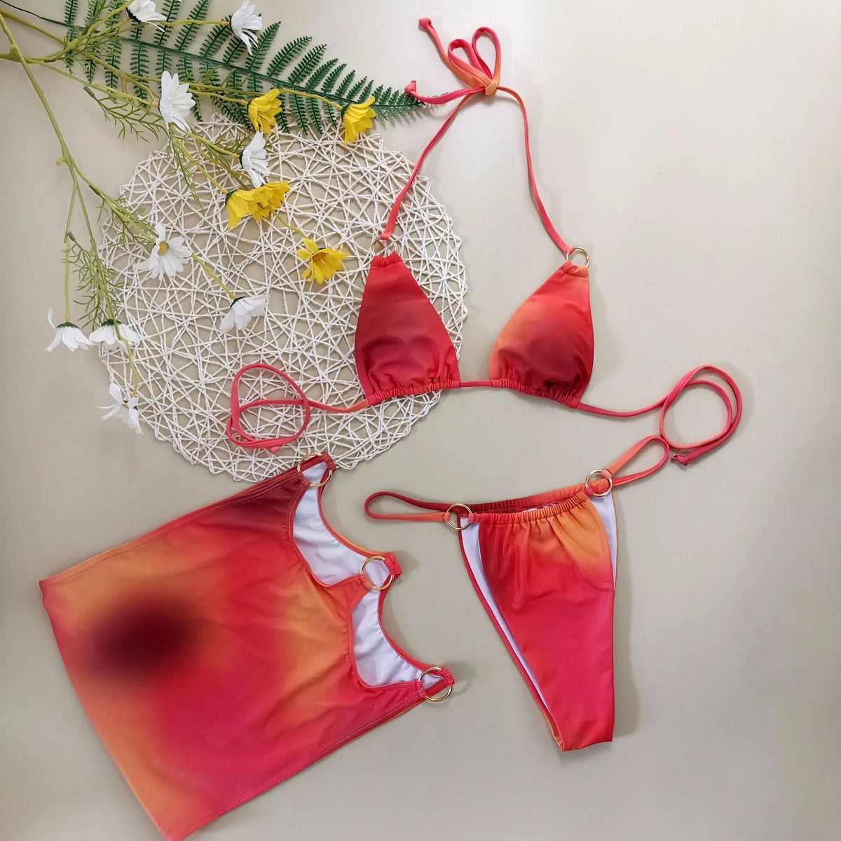 Women's three-piece tie-dye halter bikini swimwear set with gradient design