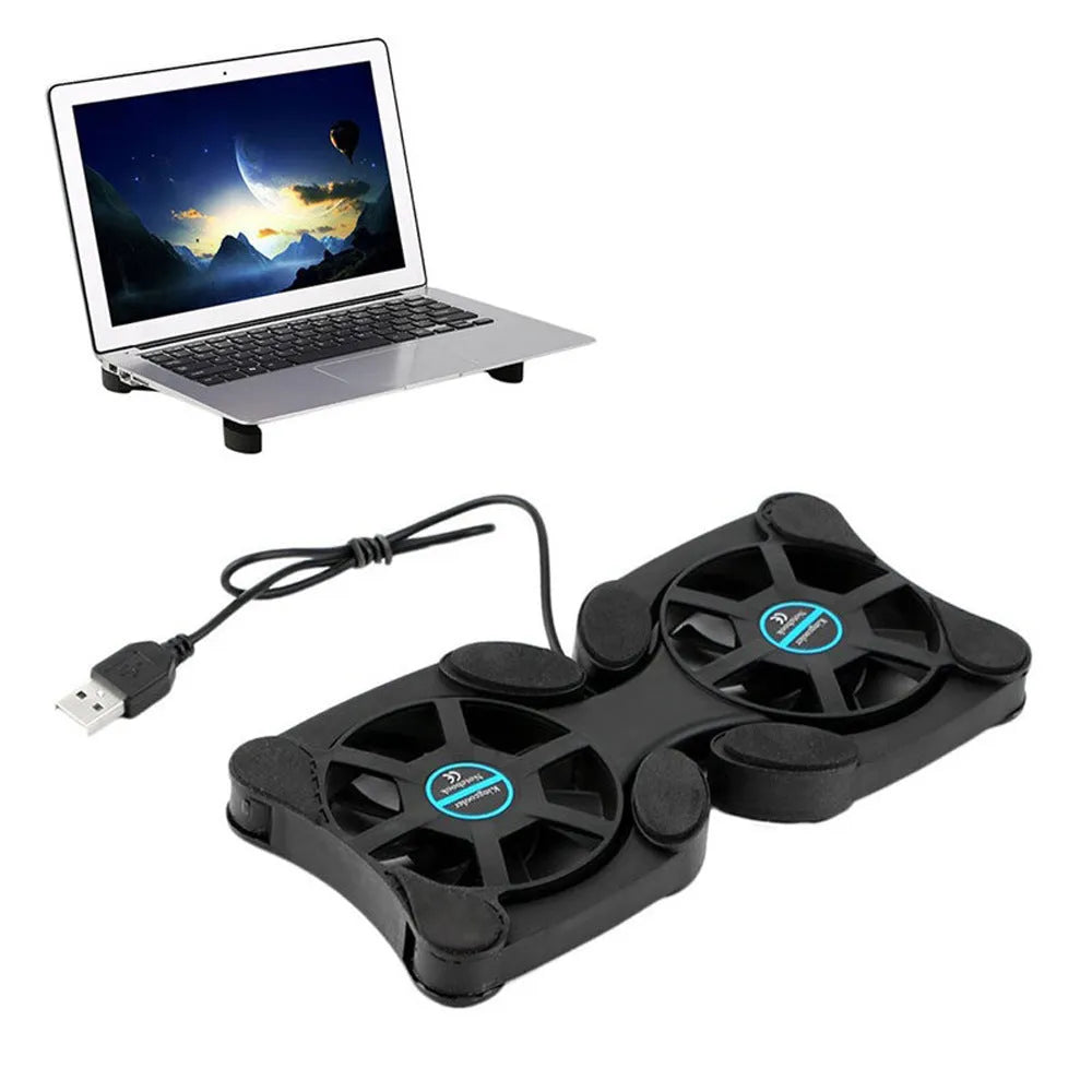 Black folding laptop cooling pad with two 70mm fans, USB powered, for 7-15 inch notebooks