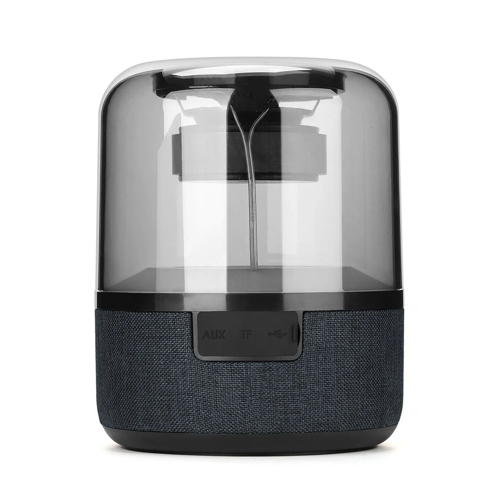 Black wireless Bluetooth speaker with multi-colour LED halo lights glowing around its base.