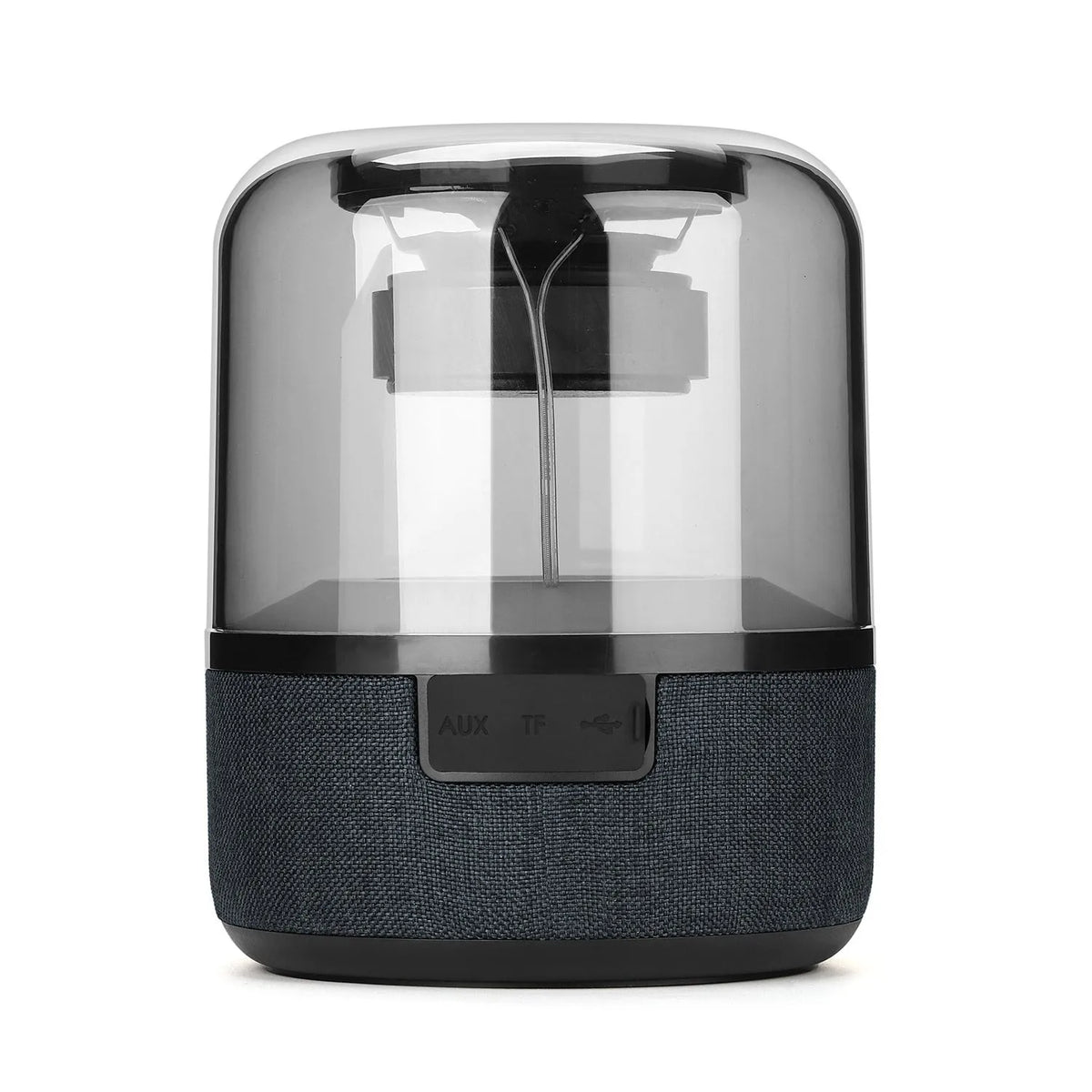 Black wireless Bluetooth speaker with multi-colour LED halo lights glowing around its base.