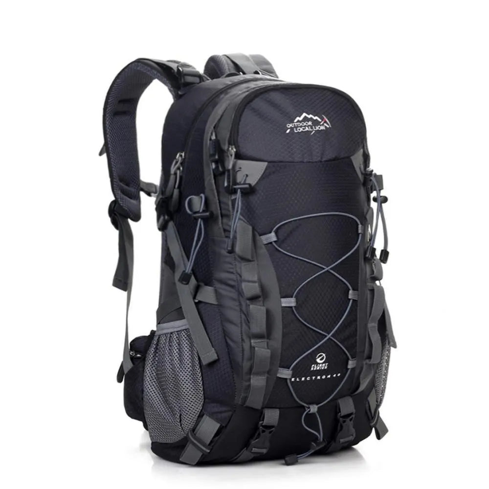 Polyester leisure sports travel backpack in green blue black or orange for hiking and camping with 32cm width and 50cm height.