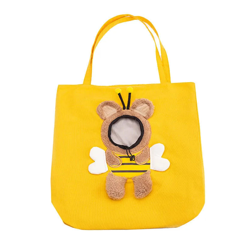 Canvas pet carrier bag with animal patterns, showing safety zippers and an elastic side opening.