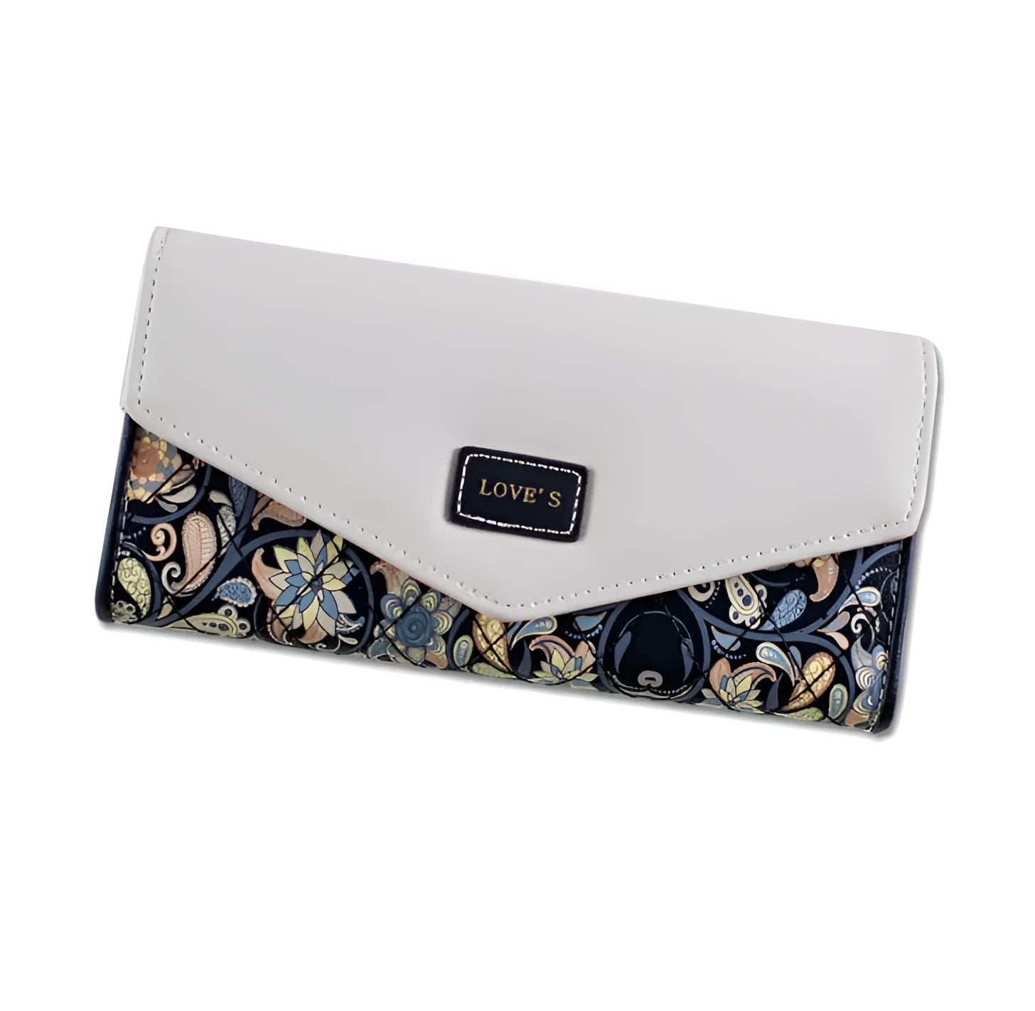 Three-fold women's leather wallet with buckle clip closure in five colour options showing dimensions