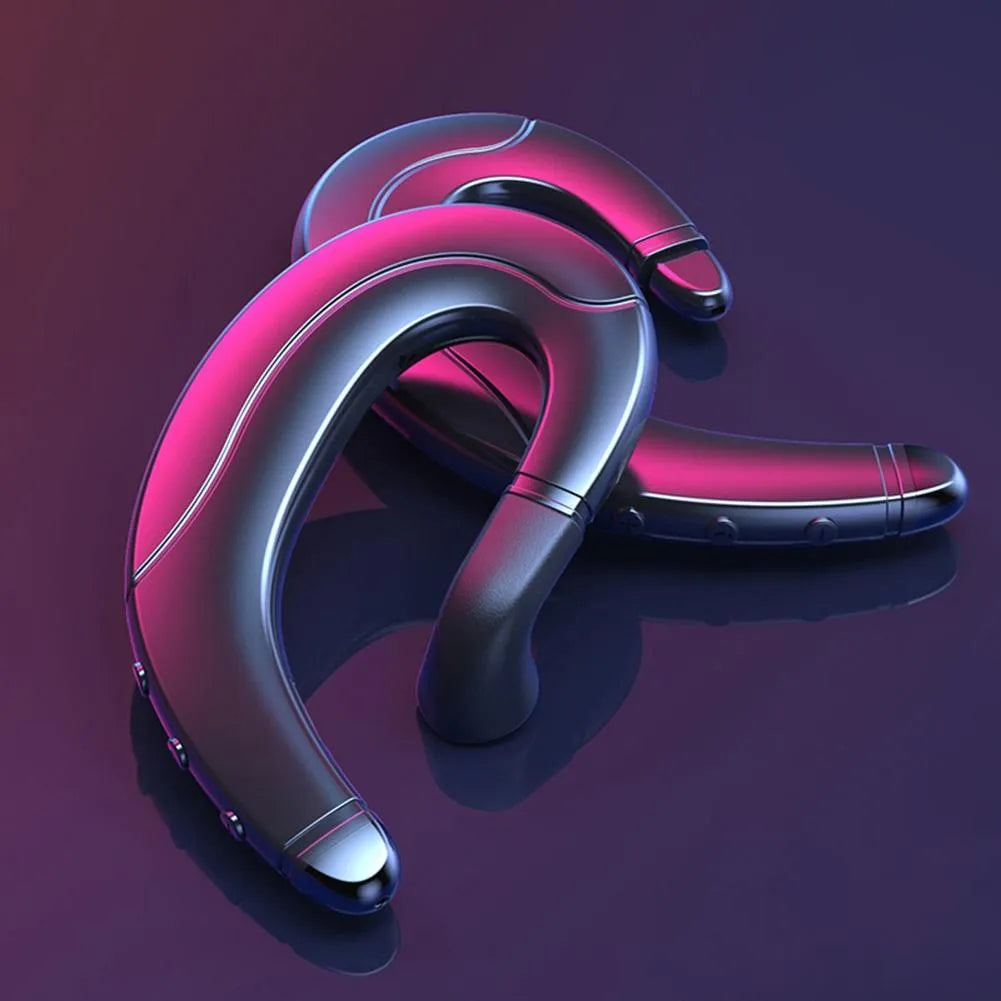 Single ear Bluetooth headset in black, blue, or red colours, mounted for driving use with bone conduction technology.